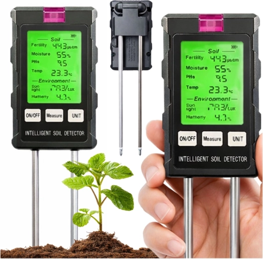 Cyfrowy miernik gleby 6w1 z LCD – wilgotność, pH, temperatura, światło i żyzność
