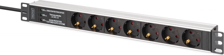 Listwa PDU do racka 19" z ochroną przeciwprzepięciową i filtrem EMI/RFI, 7 gniazd Schuko, kabel 2 m, wtyk CEE 7/7, 16 A