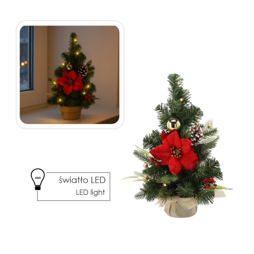 Stolikowa choinka bożonarodzeniowa 40 cm z ciepłymi LED, czerwono‑złota
