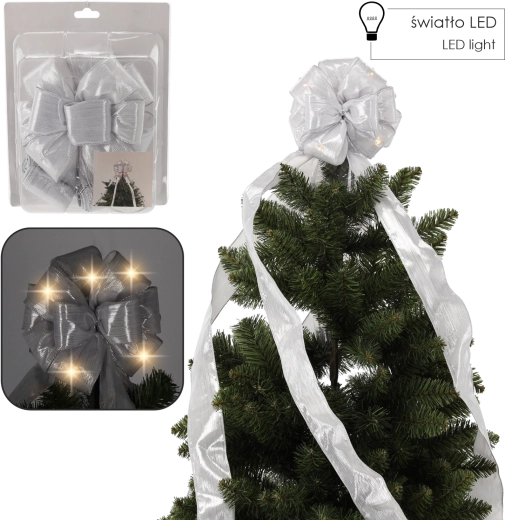 Srebrna kokarda LED na czubek choinki 1,8 m