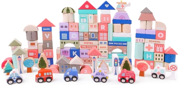 Drewniane edukacyjne klocki miasto z podkładką 115 sztuk ECOTOYS