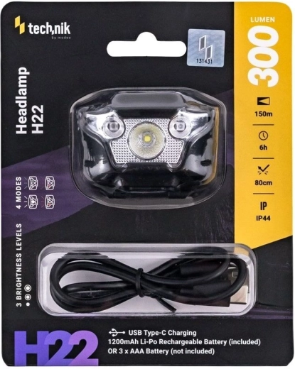 Technik czołówka H22 z USB‑C, białym, czerwonym i zielonym światłem (300 lm)