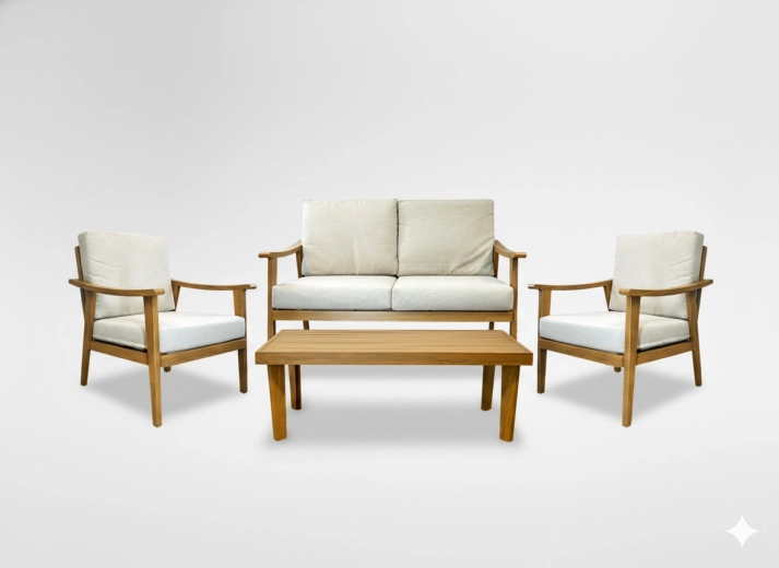 Zestaw ogrodowy TIRANA z aluminium – sofa, 2 fotele i stolik kawowy, beżowe poduchy