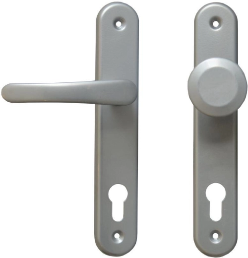 Okucie drzwiowe MICHAELA z klamką i stałą gałką, srebrne, do wkładki 90 mm