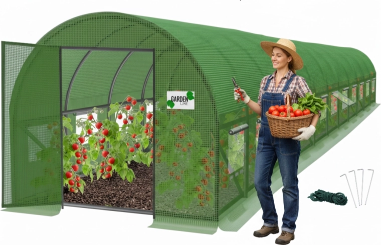 Tunel foliowy ogrodowy 12‑segmentowy zielony 12 × 5 × 2 m z drzwiami skrzydłowymi