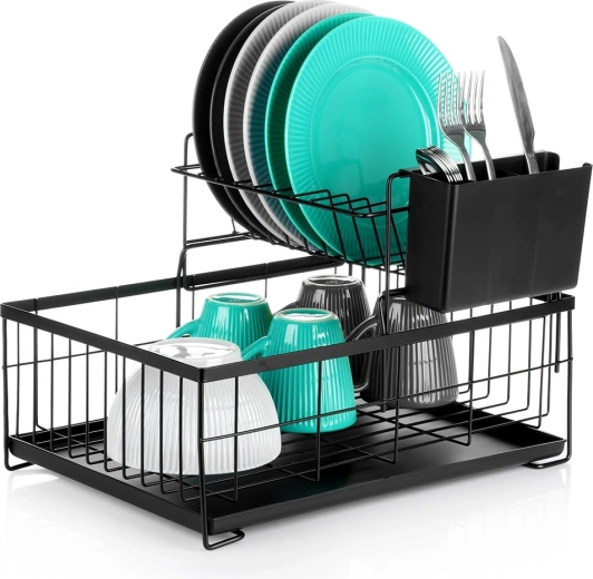 Dwupoziomowa metalowa suszarka/ociekacz do naczyń, czarna 42 × 28 × 28 cm
