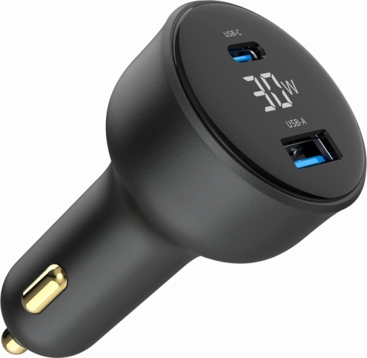 Szybka ładowarka samochodowa 30 W z LCD, USB‑C PD i 2× USB‑A, czarna