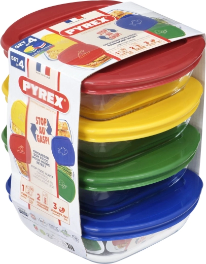 Zestaw kwadratowych szklanych pojemników PYREX 0,3 l, 4 szt.