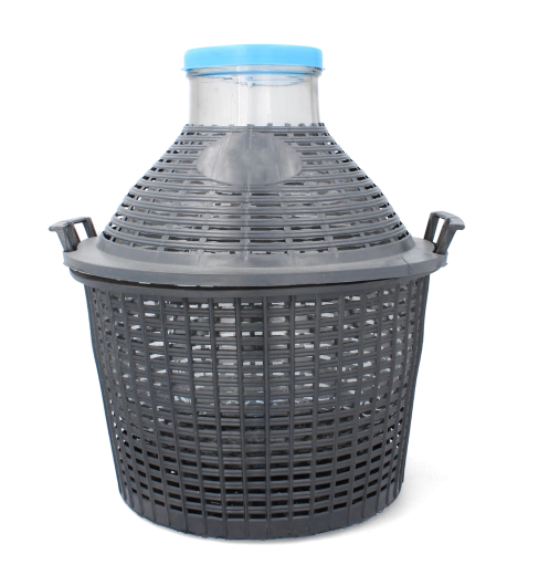 Szklany gąsior 5 l z szeroką szyjką i plastikowym koszem