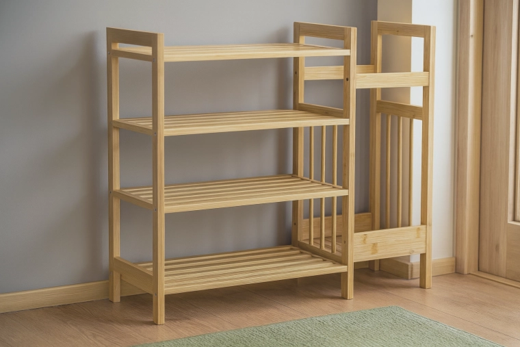 Bambusowy regał z 4 półkami i boczną przegrodą na parasole 73,5 × 28 × 66 cm