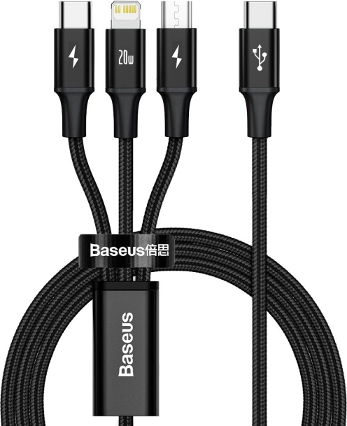 Kabel ładujący Baseus 3 w 1, 20W, czarny, 1,5 m