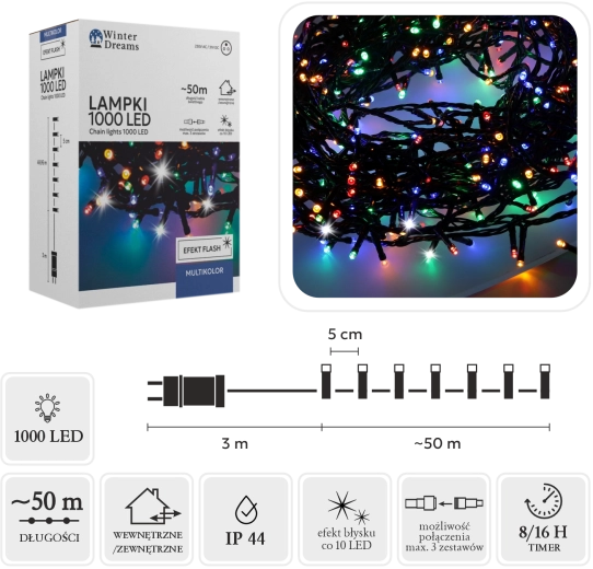 Łańcuch świetlny LED 1000 diod multicolor z zimnym migotaniem, 50 m