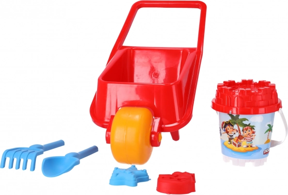 Taczka z akcesoriami do piaskownicy, 5 sztuk – czerwona, Pilsan