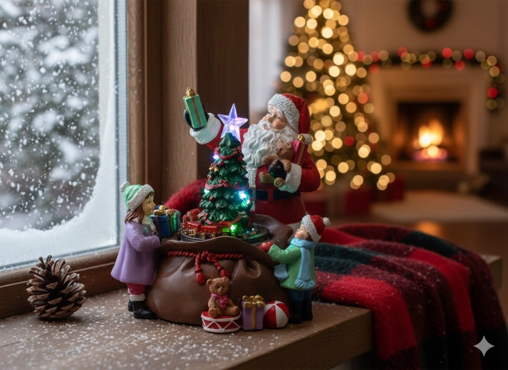 Świąteczna muzyczna dekoracja LED z Mikołajem, choinką i prezentami 20 × 19 × 19 cm