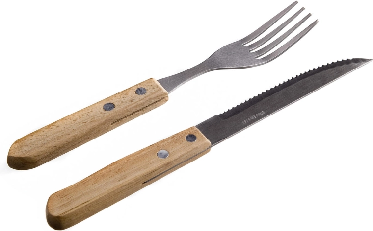 Zestaw sztućców do steków PARTY ze stali nierdzewnej z jasnymi drewnianymi rękojeściami (6+6 szt.)