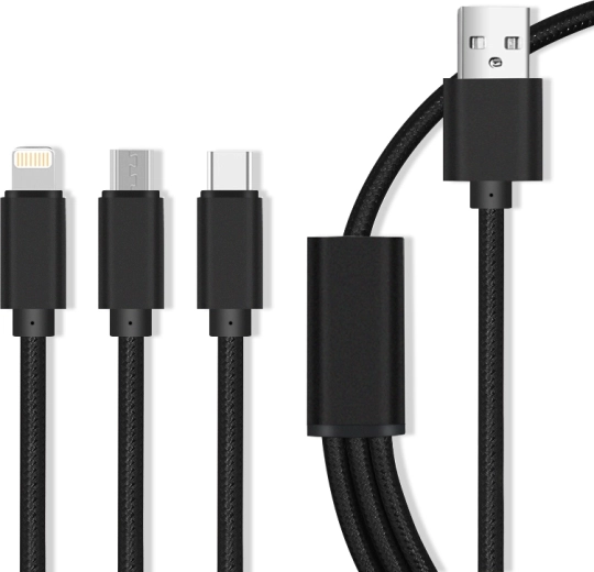 Maxlife nylonowy kabel ładujący 3w1 Micro USB / USB-C / Lightning 2,1 A, czarny