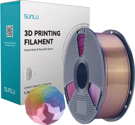 Sunlu PLA+ Silk czterokolorowy filament niebieski–fioletowy–czerwony–złoty