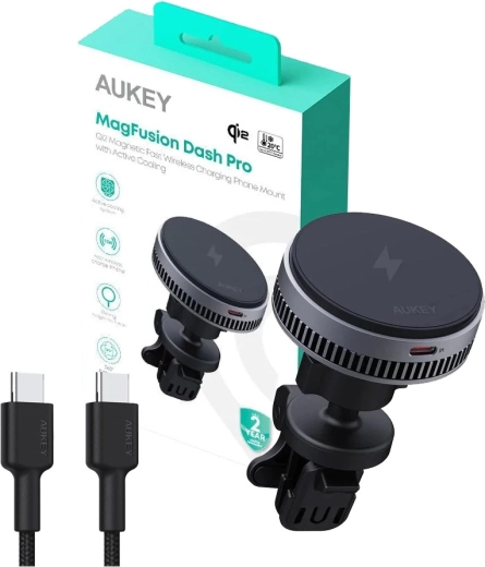 Aukey MagFusion Dash Pro magnetyczny uchwyt samochodowy Qi2 z aktywnym chłodzeniem