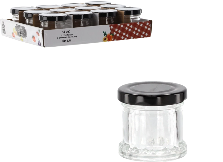 Szklany słoiczek 30 ml z reliefem i czarną metalową zakrętką