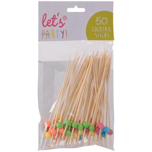 Bambusowe wykałaczki koktajlowe z kolorowymi kuleczkami 8 cm, 50 szt.