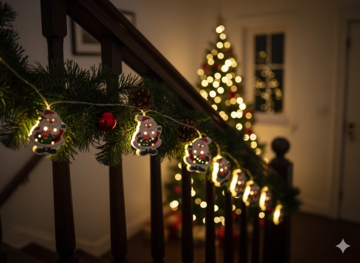 Drewniany świąteczny łańcuch LED z Mikołajem, 10 świateł na baterie