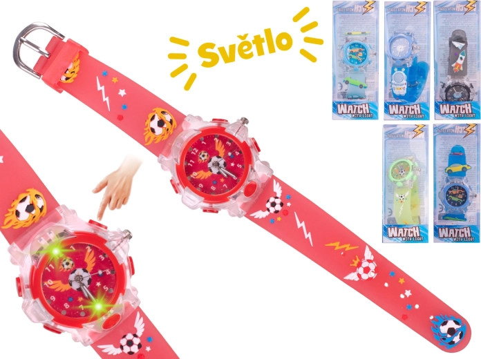 Chłopięcy analogowy zegarek z podświetleniem – kosmos, auta i piłka nożna