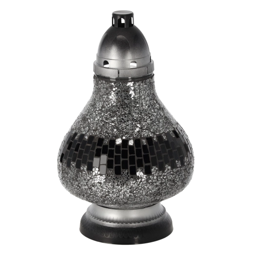 Szklany cmentarny świecznik witrażowy karafka, srebrny, 34 cm, czas palenia do 50 godzin