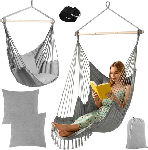 Wiszący fotel hamakowy 2w1 z poduszkami, szary GARDLOV