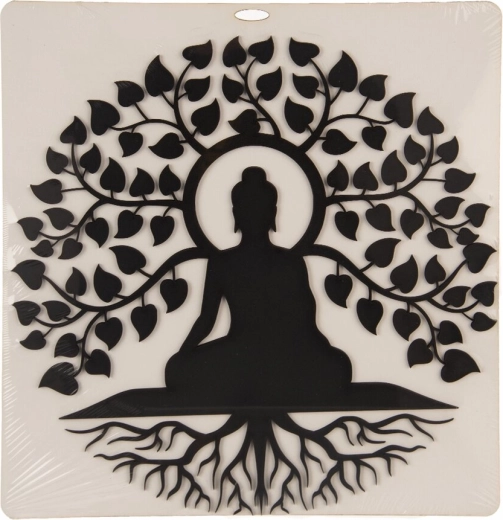 Drewniana dekoracja ścienna Budda i drzewo życia czarna 35 × 35 cm