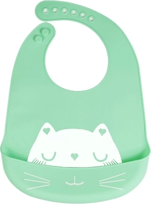 Silikonowy śliniak z kieszonką dla dzieci - zielony, kot