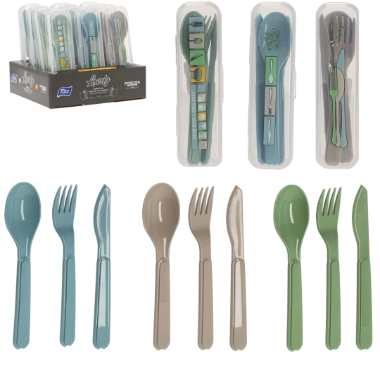 Plastowy zestaw sztućców w etui – łyżka, widelec i nóż, niebieski