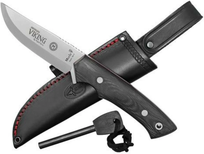 Muela Viking M11M uniwersalny nóż 11 cm z technologią CRIO-T, czarna Micarta, skórzane etui i krzesiwo