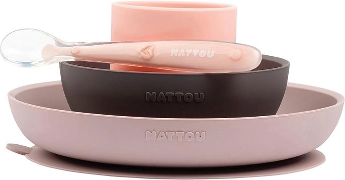 Nattou silikonowy zestaw obiadowy 4 szt., różowo‑fioletowy, bez BPA