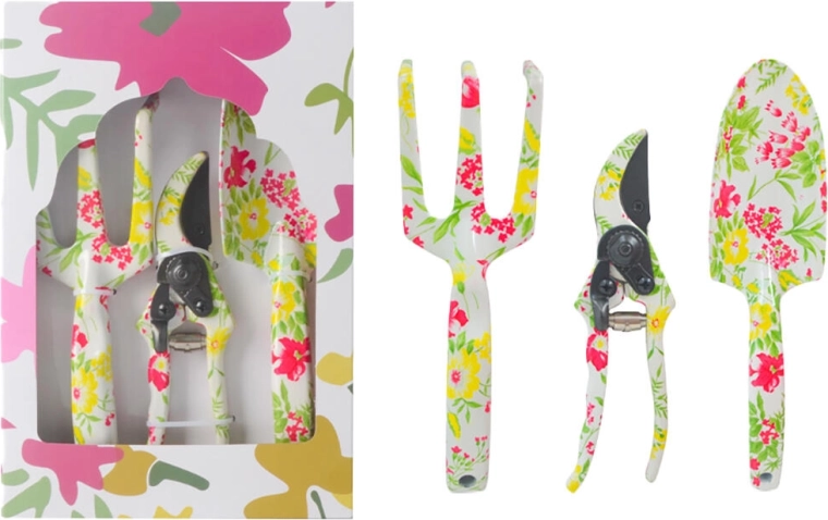 Ogrodowy zestaw ręcznych narzędzi 3-częściowy z kwiatowym dekorem