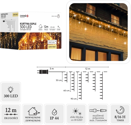 Kurtyna świetlna – sople 300 LED ciepła biel 15 m - 1 szt.
