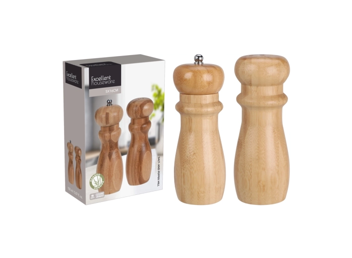 Bambusowy zestaw młynków do soli i pieprzu z ceramicznym mechanizmem mielącym