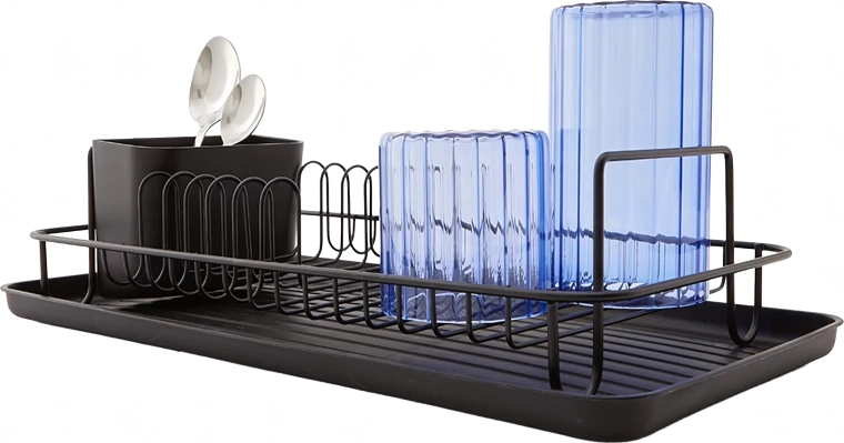 Ociekacz do naczyń z tacką ociekową, czarny, duży, z przegródką na sztućce