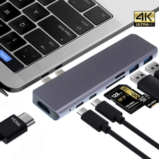 Adapter 7w1 HUB USB‑C HDMI 4K SD do MacBook Pro / Air - Szary