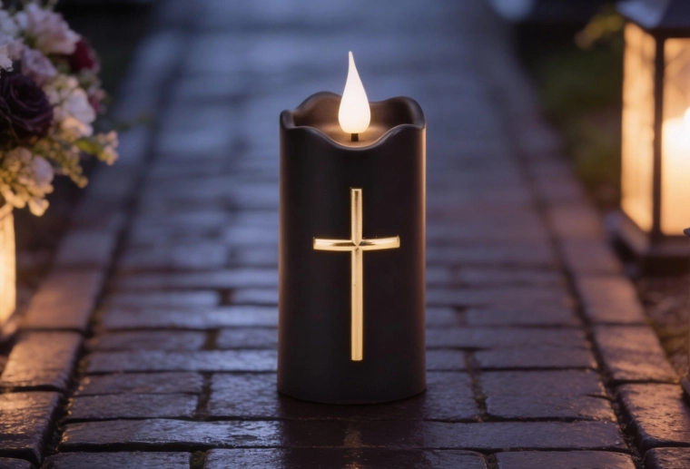 LED świeczka 11,5 cm czarna ze złotym krzyżem