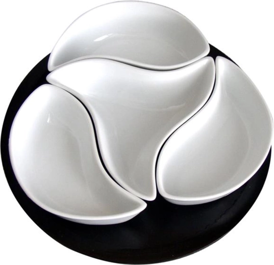 Zestaw ceramicznych misek Wirnik na obrotowej drewnianej tacy, 4 szt.