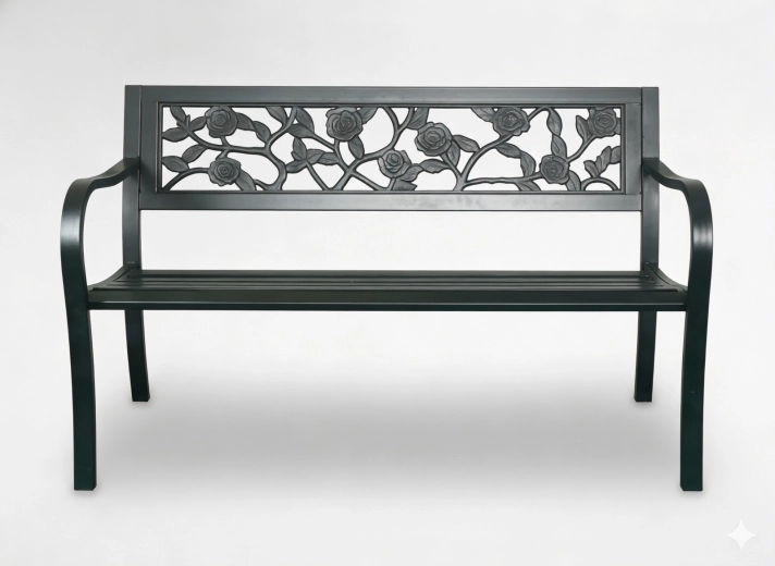Ogrodowa ławka metalowa z motywem róż, 125 × 53 × 77 cm