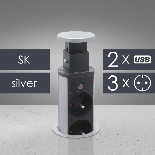 Wysuwane gniazdo meblowe z 3 gniazdami i portami USB, srebrne