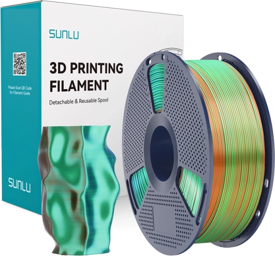 Sunlu PLA+ Silk trójkolorowy filament do druku 3D pomarańczowy/niebieski/zielony
