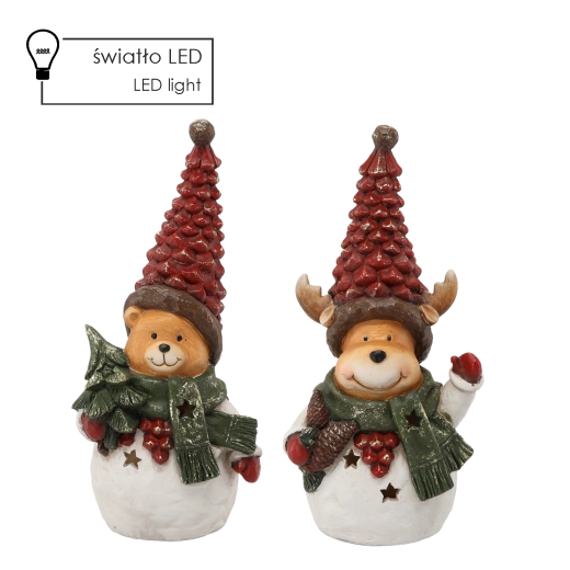 Figurka świąteczna miś/renifer z czapką LED 36 cm
