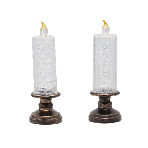 LED świeca z brokatem na dekoracyjnej podstawie 21 cm