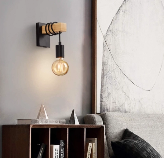 Kinkiet ścienny Loft czarno‑drewniany