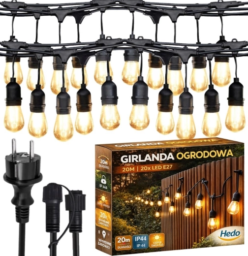 Zewnętrzna girlanda świetlna 20 m z 20 wymiennymi żarówkami LED E27, ciepła biel, IP44