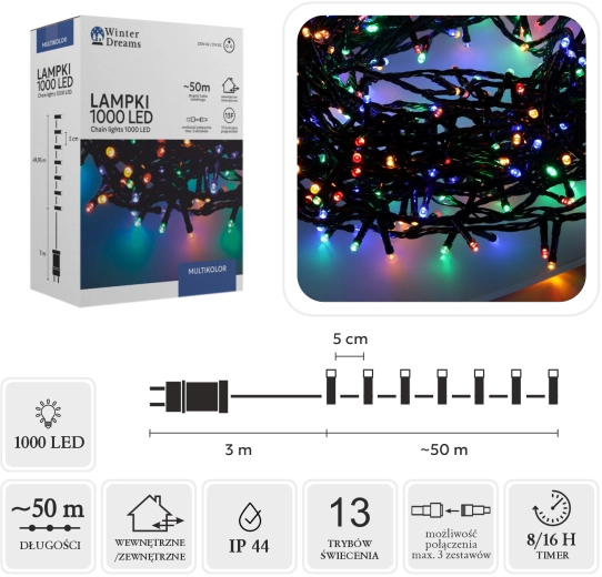 Wielokolorowy łańcuch świetlny LED 1000 LED, 50 m