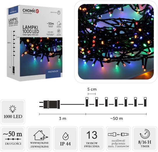 LED-owy świąteczny łańcuch świetlny 1000 diod multicolor 50 m, wewnętrzny/zewnętrzny - 1 sztuka