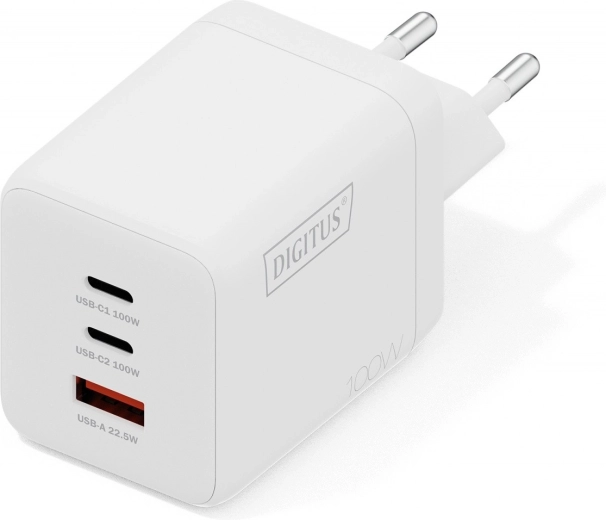 Naszczienna ładowarka USB GaN 100 W, 2× USB‑C i 1× USB‑A, biała